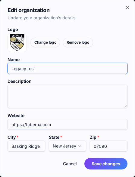 Edit organization dialog for Legacy test, showing its gold-and-black Legacy Premier shield logo with Change logo and Remove logo buttons, plus fields for name, description, website, city, state, and zip.
