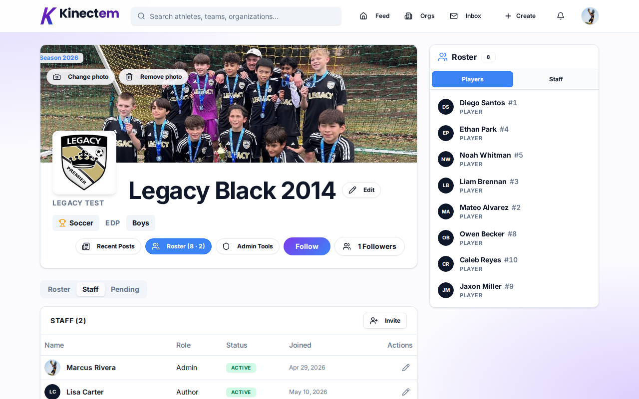 Team page for Legacy Black 2014 under Legacy test, with Roster, Staff, and Pending tabs — the Staff tab is selected, showing a Marcus Rivera row with role Admin and a Lisa Carter row with role Author, both Active, plus an Invite button.