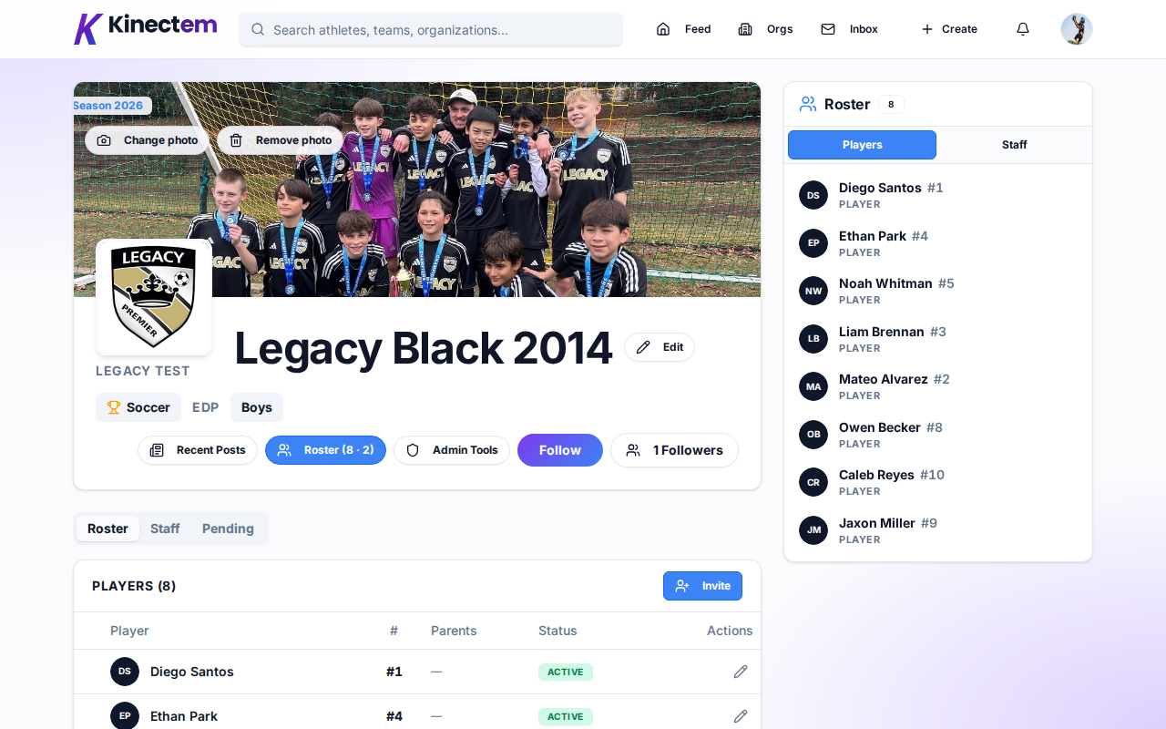 Team page for Legacy Black 2014 under Legacy test with the Roster tab selected, showing a Players section with eight rostered athletes (Diego Santos, Ethan Park, Noah Whitman, Liam Brennan, Mateo Alvarez, Owen Becker, Caleb Reyes, Jaxon Miller), jersey numbers, an Invite button, and a roster rail on the right.