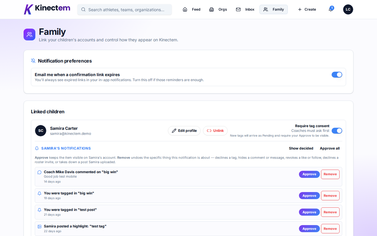 Family dashboard showing notification preferences, a Linked children section with Samira Carter, and a notifications list with Approve and Remove actions on each item.
