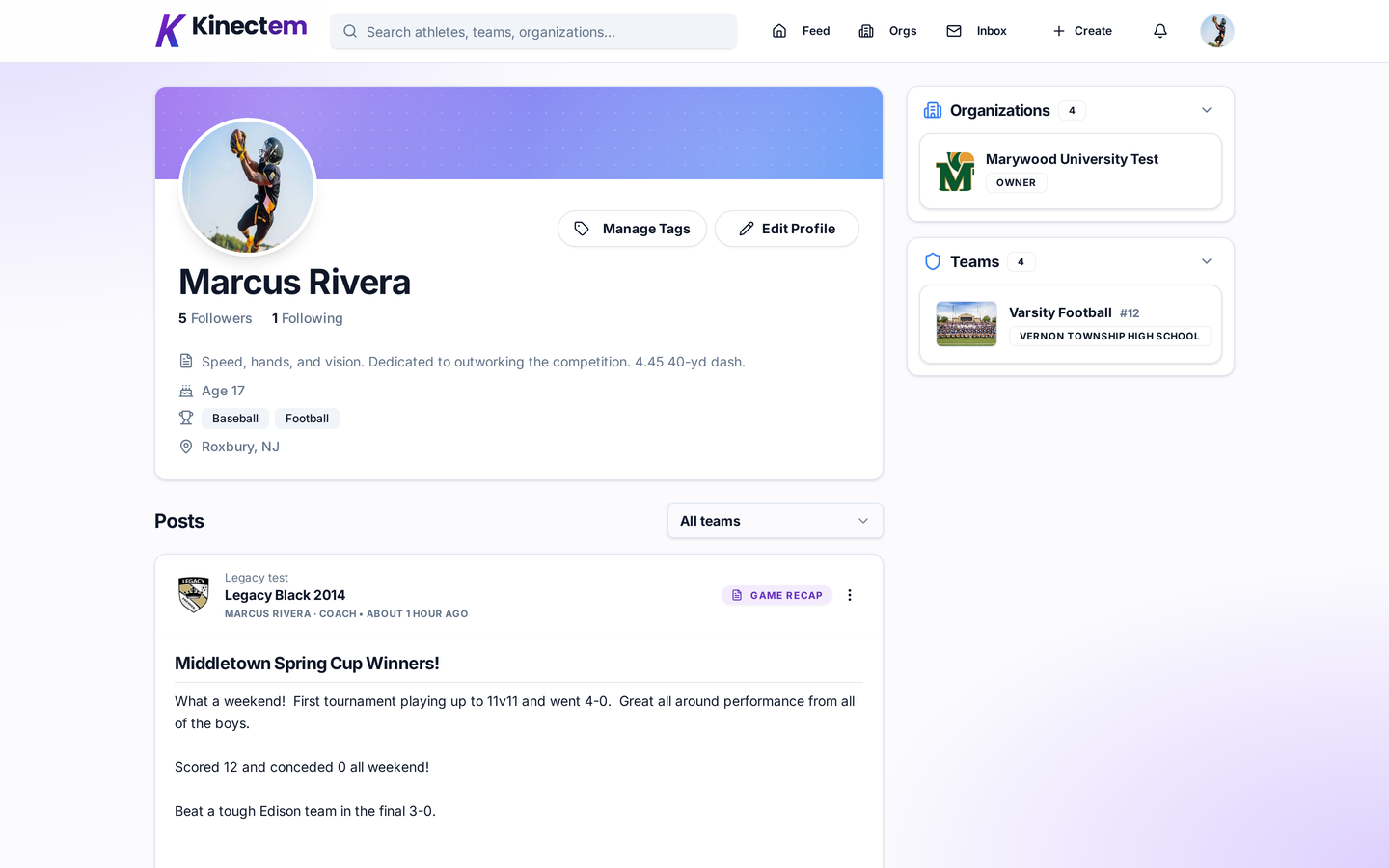 A Kinectem athlete profile page showing the player's avatar, bio, posts, and the teams they belong to.