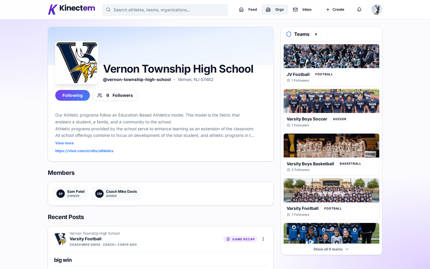 A Kinectem organization page showing the program's logo, teams, members, and recent game recap posts.