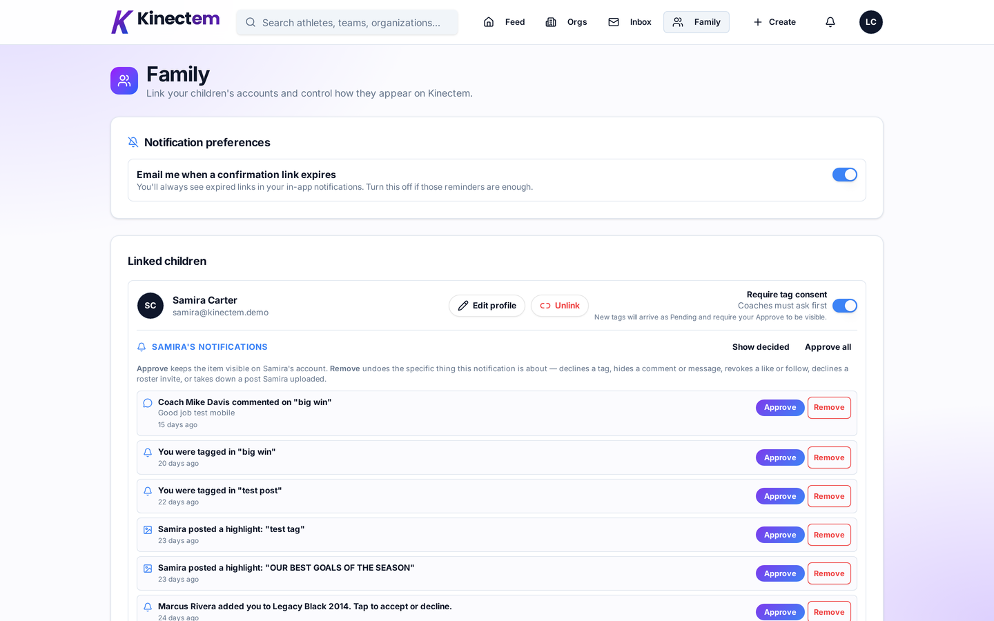 The Kinectem Family dashboard a parent uses to manage their linked child's account, review pending tags, and control privacy settings.
